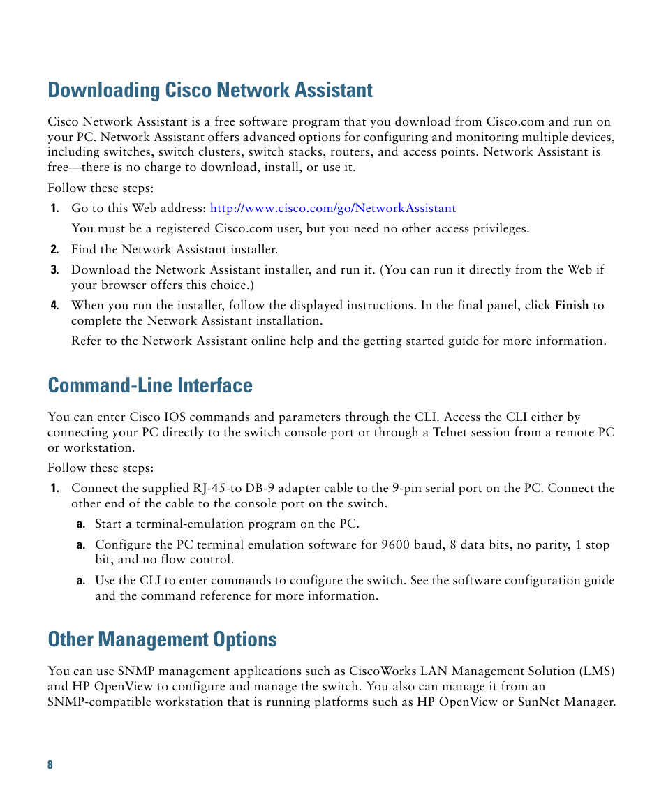 Downloading cisco network assistant, Command-line interface, Other management options | Cisco 2960 User Manual | Page 8 / 22