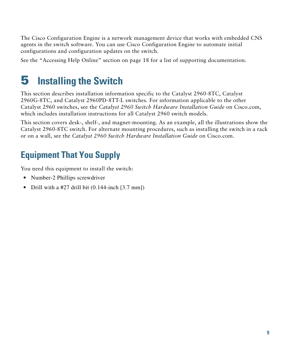 5 installing the switch, Equipment that you supply, Installing the switch | Cisco 2960 User Manual | Page 9 / 22