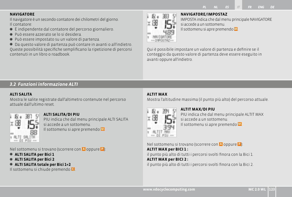 2 funzioni informazione alti | VDO WL MC 2.0 User Manual | Page 123 / 272