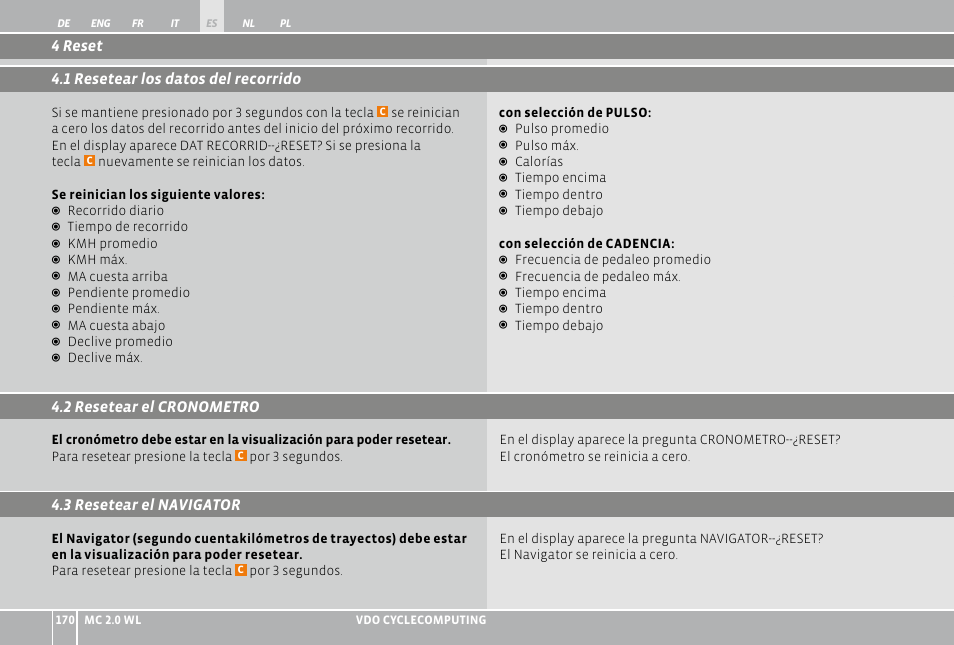 4 reset 4.1 resetear los datos del recorrido, 2 resetear el cronometro 4.3 resetear el navigator | VDO WL MC 2.0 User Manual | Page 170 / 272