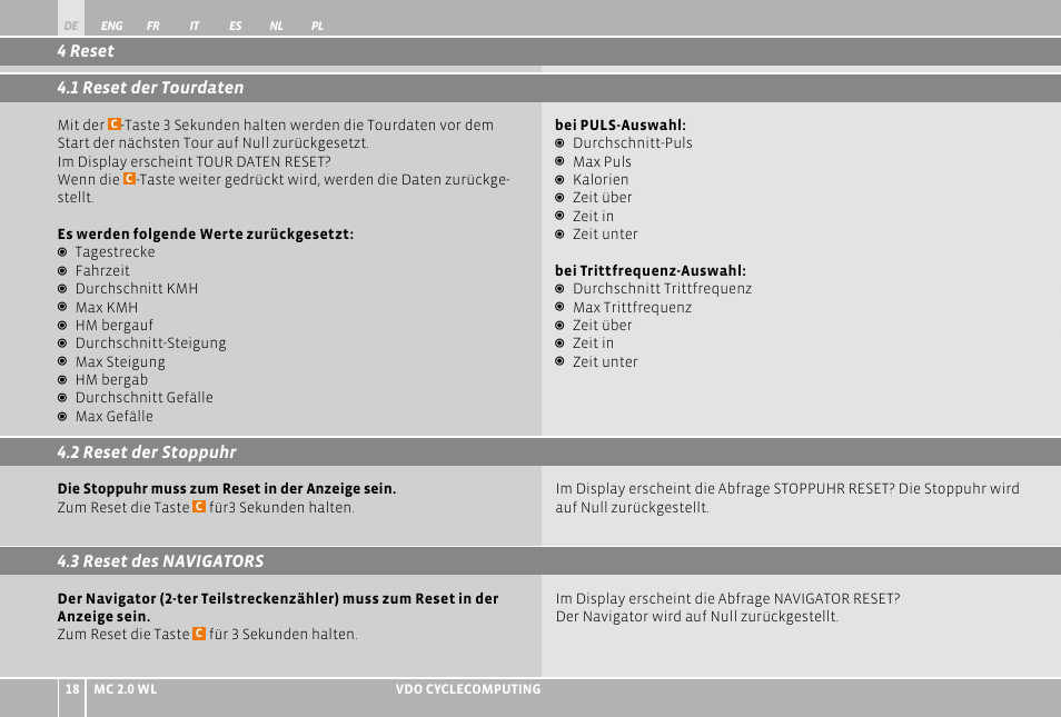 4 reset 4.1 reset der tourdaten, 2 reset der stoppuhr 4.3 reset des navigators | VDO WL MC 2.0 User Manual | Page 18 / 272