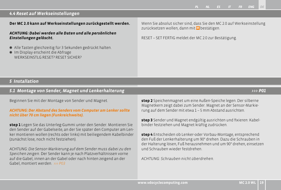 VDO WL MC 2.0 User Manual | Page 19 / 272