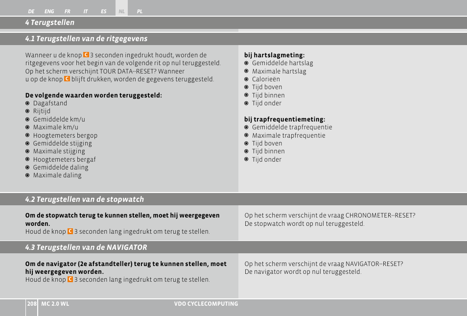 4 terugstellen 4.1 terugstellen van de ritgegevens | VDO WL MC 2.0 User Manual | Page 208 / 272