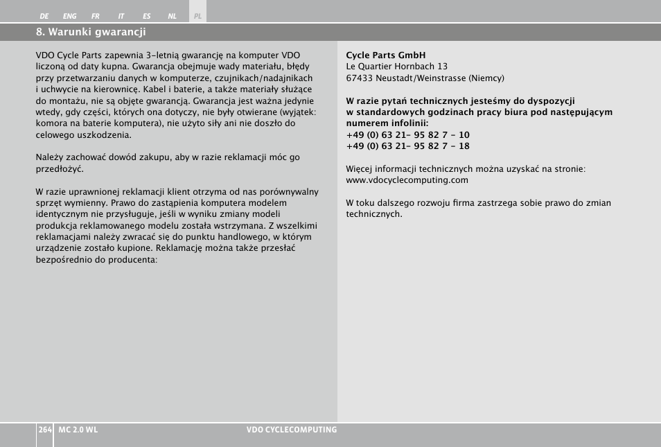 VDO WL MC 2.0 User Manual | Page 264 / 272