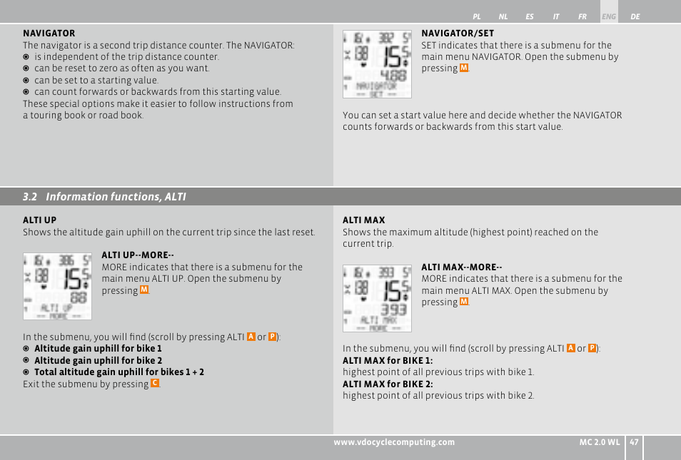 2 information functions, alti | VDO WL MC 2.0 User Manual | Page 47 / 272