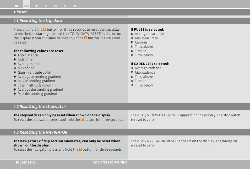 4 reset 4.1 resetting the trip data | VDO WL MC 2.0 User Manual | Page 56 / 272