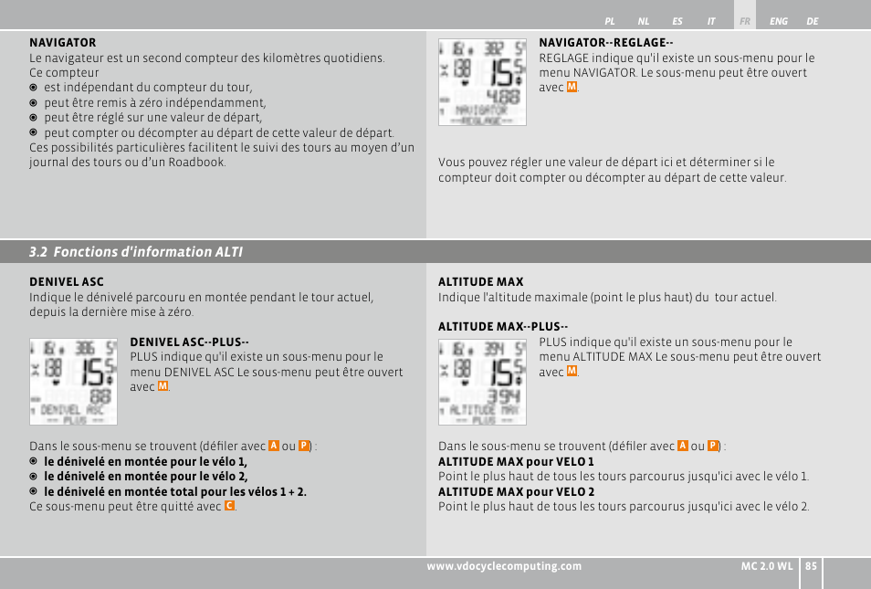 2 fonctions d'information alti | VDO WL MC 2.0 User Manual | Page 85 / 272