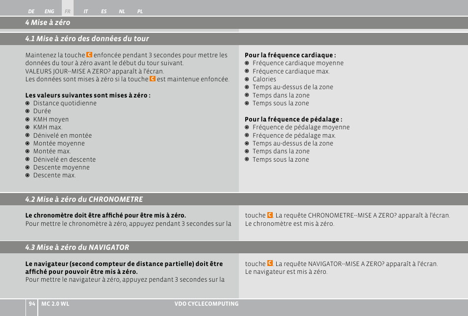 4 mise à zéro 4.1 mise à zéro des données du tour | VDO WL MC 2.0 User Manual | Page 94 / 272