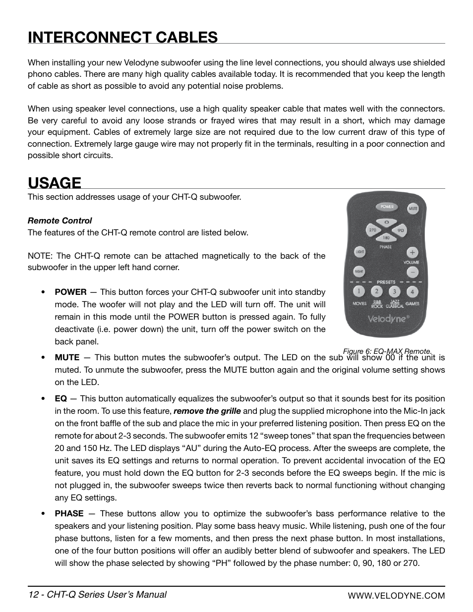 Interconnect cables, Usage | Velodyne CHT-Q Series User Manual | Page 18 / 26