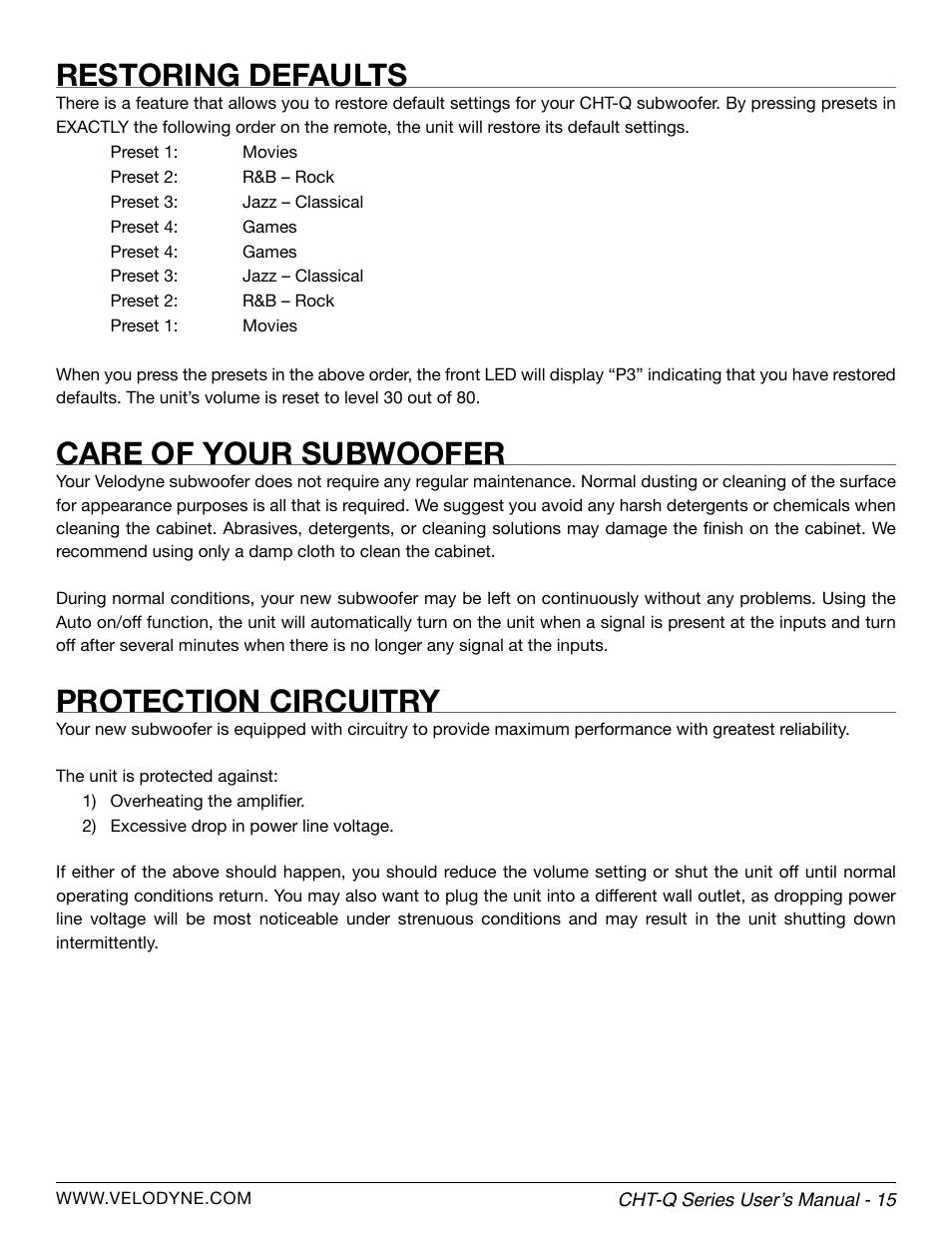 Restoring defaults, Care of your subwoofer, Protection circuitry | Velodyne CHT-Q Series User Manual | Page 21 / 26