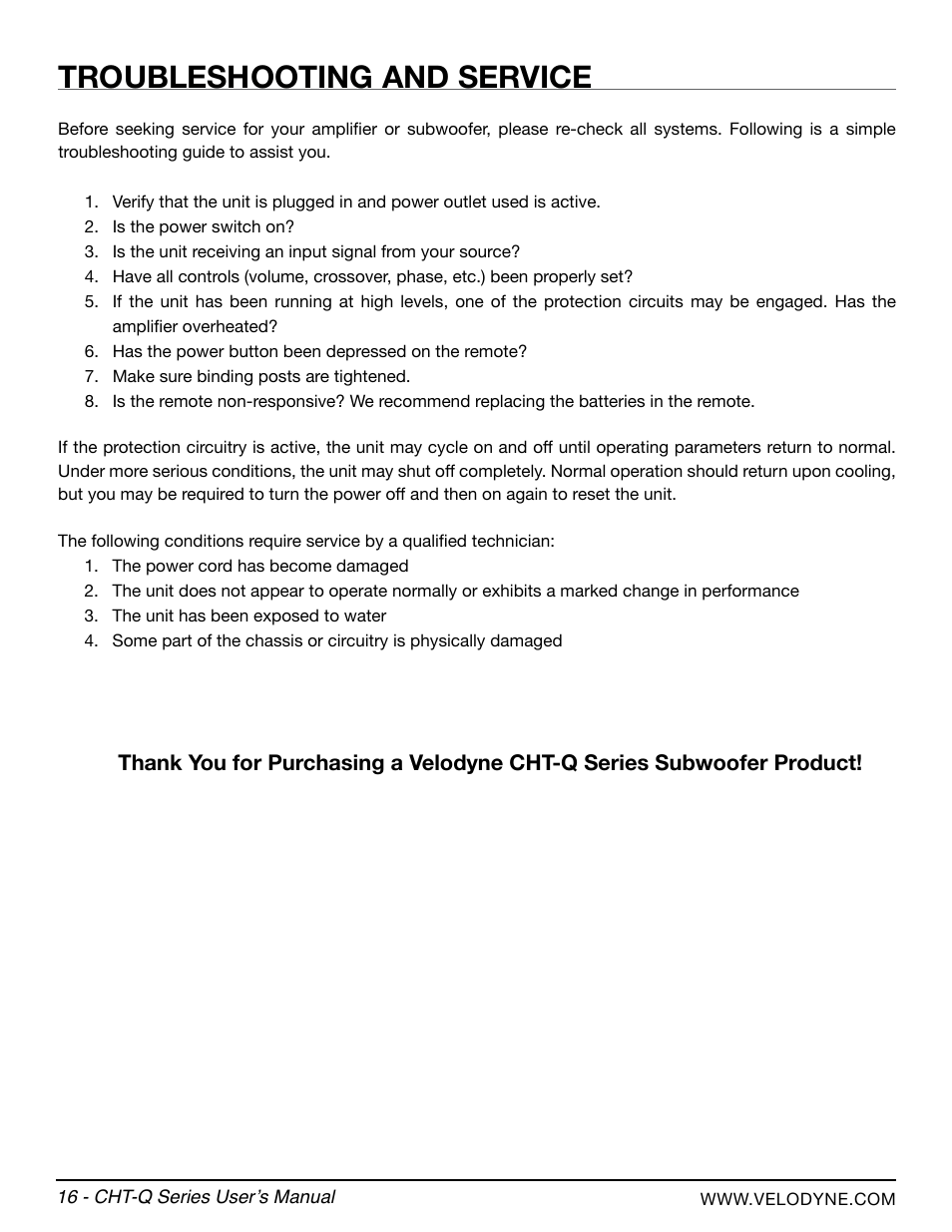 Troubleshooting and service | Velodyne CHT-Q Series User Manual | Page 22 / 26
