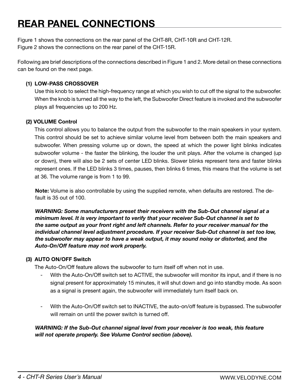 Rear panel connections | Velodyne CHT-R Series User Manual | Page 10 / 24