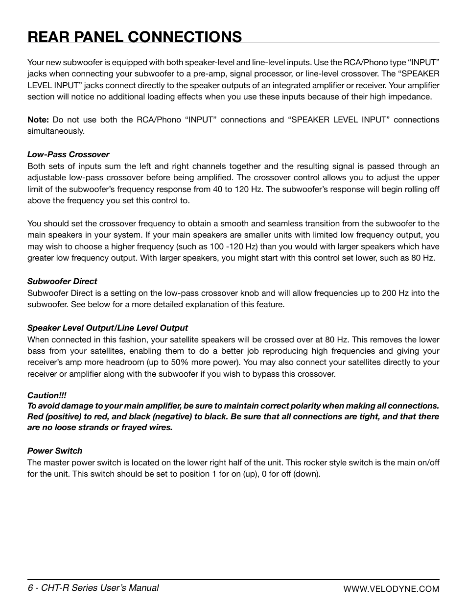 Rear panel connections | Velodyne CHT-R Series User Manual | Page 12 / 24