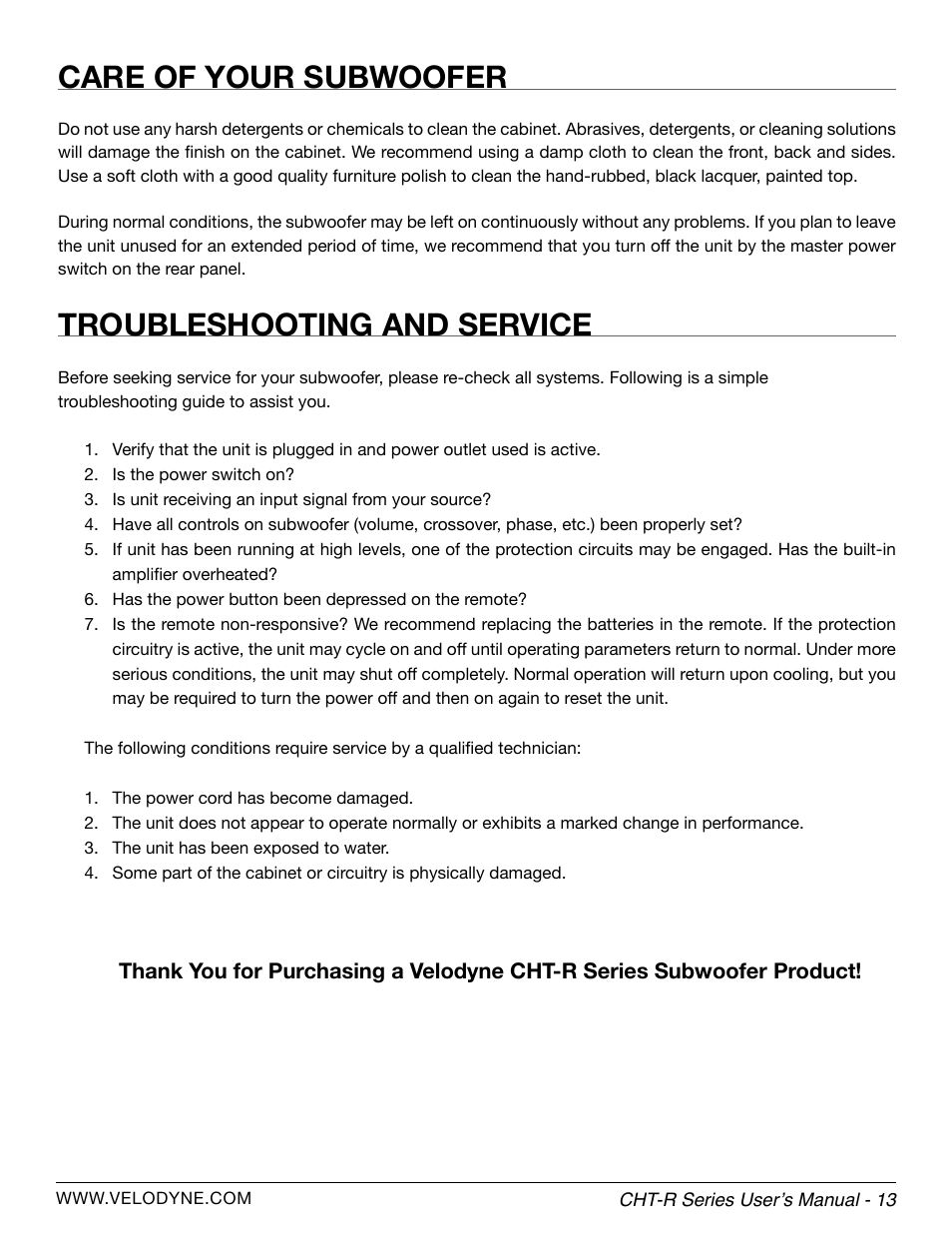 Care of your subwoofer, Troubleshooting and service | Velodyne CHT-R Series User Manual | Page 19 / 24