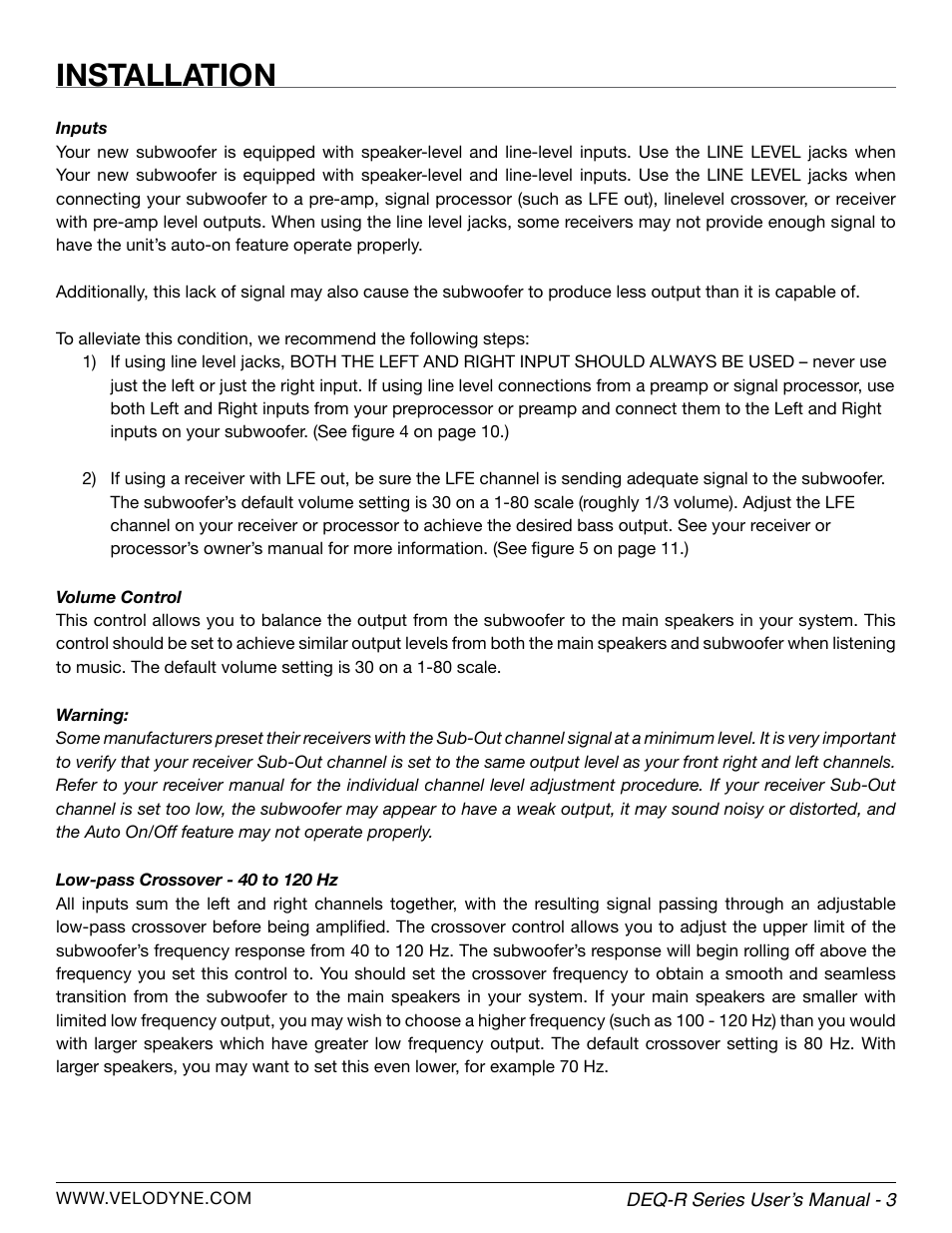 Installation | Velodyne DEQ-R Series User Manual | Page 9 / 26