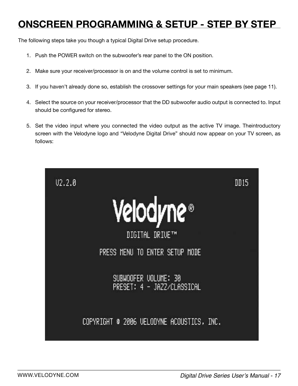 Onscreen programming & setup - step by step | Velodyne Digital Drive Series User Manual | Page 23 / 54