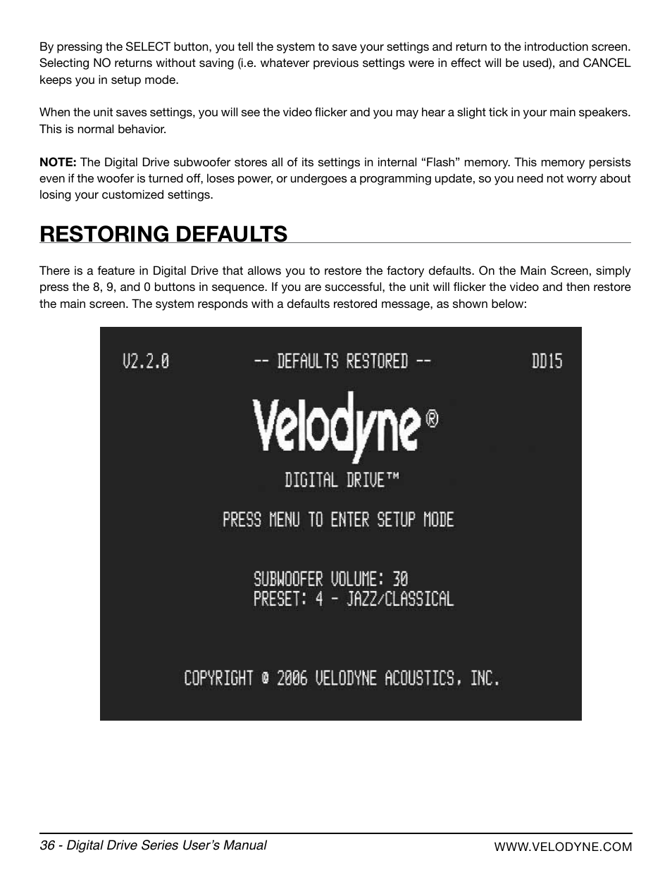Restoring defaults | Velodyne Digital Drive Series User Manual | Page 42 / 54