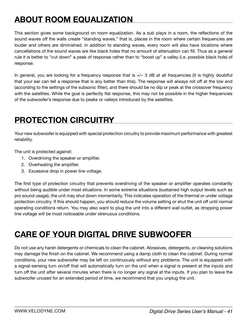 About room equalization, Protection circuitry, Care of your digital drive subwoofer | Velodyne Digital Drive Series User Manual | Page 47 / 54