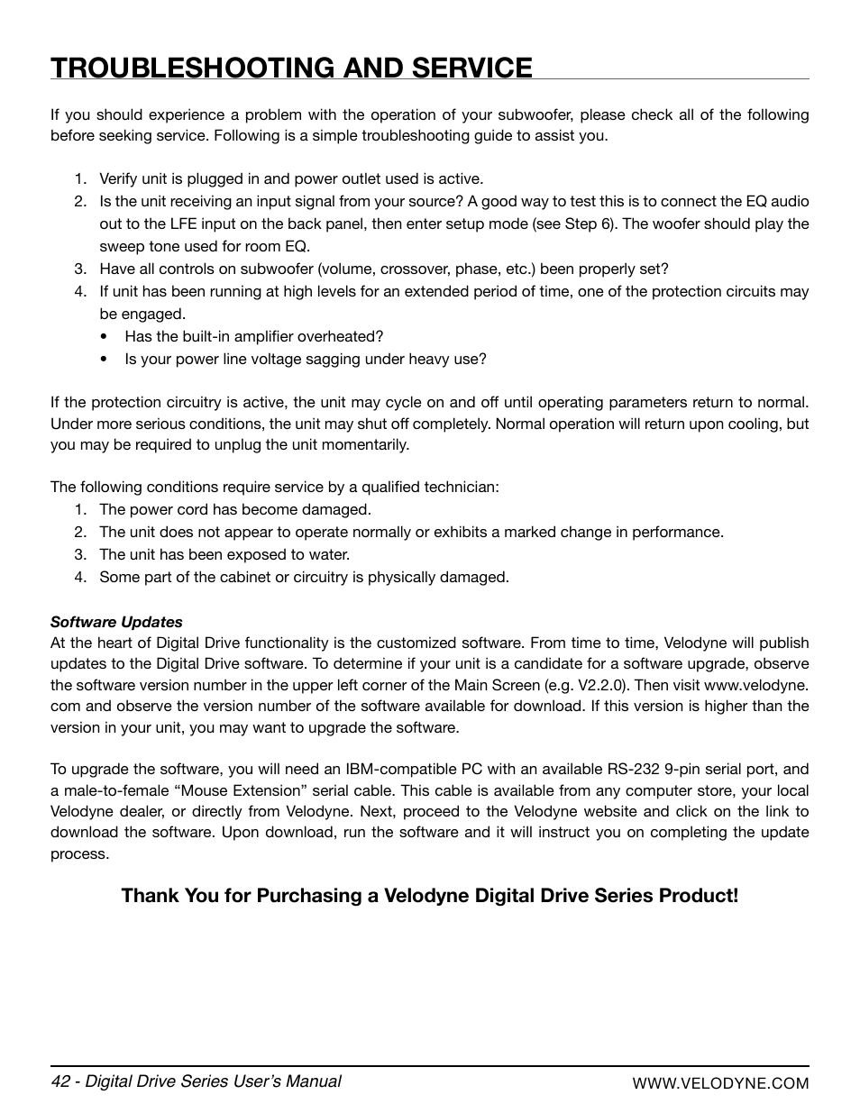 Troubleshooting and service | Velodyne Digital Drive Series User Manual | Page 48 / 54