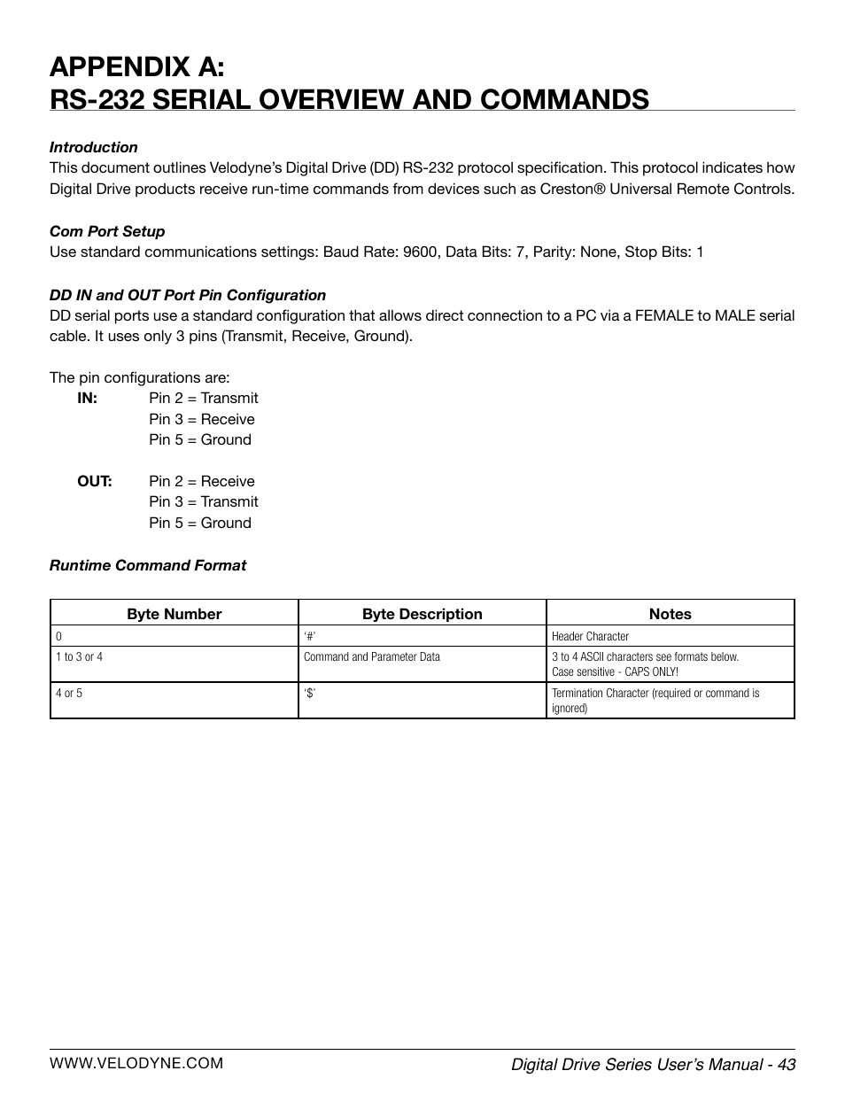 Appendix a: rs-232 serial overview and commands | Velodyne Digital Drive Series User Manual | Page 49 / 54