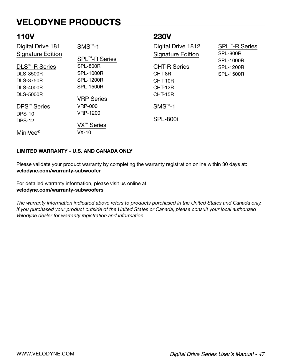 Velodyne products, 110v, 230v | Velodyne Digital Drive Series User Manual | Page 53 / 54