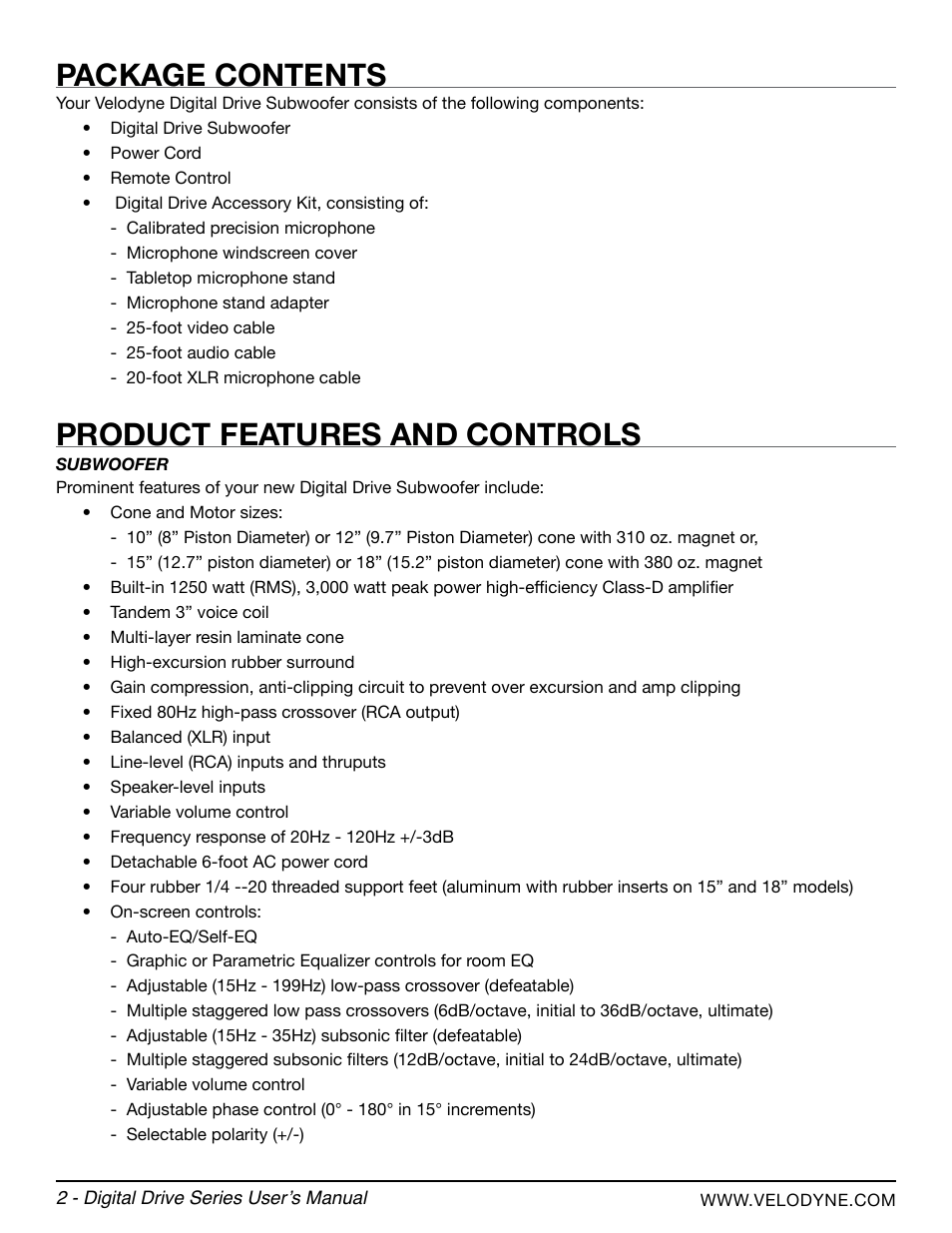 Package contents, Product features and controls | Velodyne Digital Drive Series User Manual | Page 8 / 54