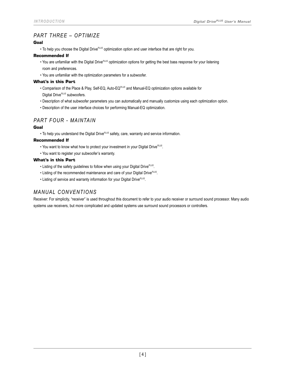 Part three – optimize, Part four - maintain, Manual conventions | Velodyne Digital DrivePLUSSeries User Manual | Page 7 / 42