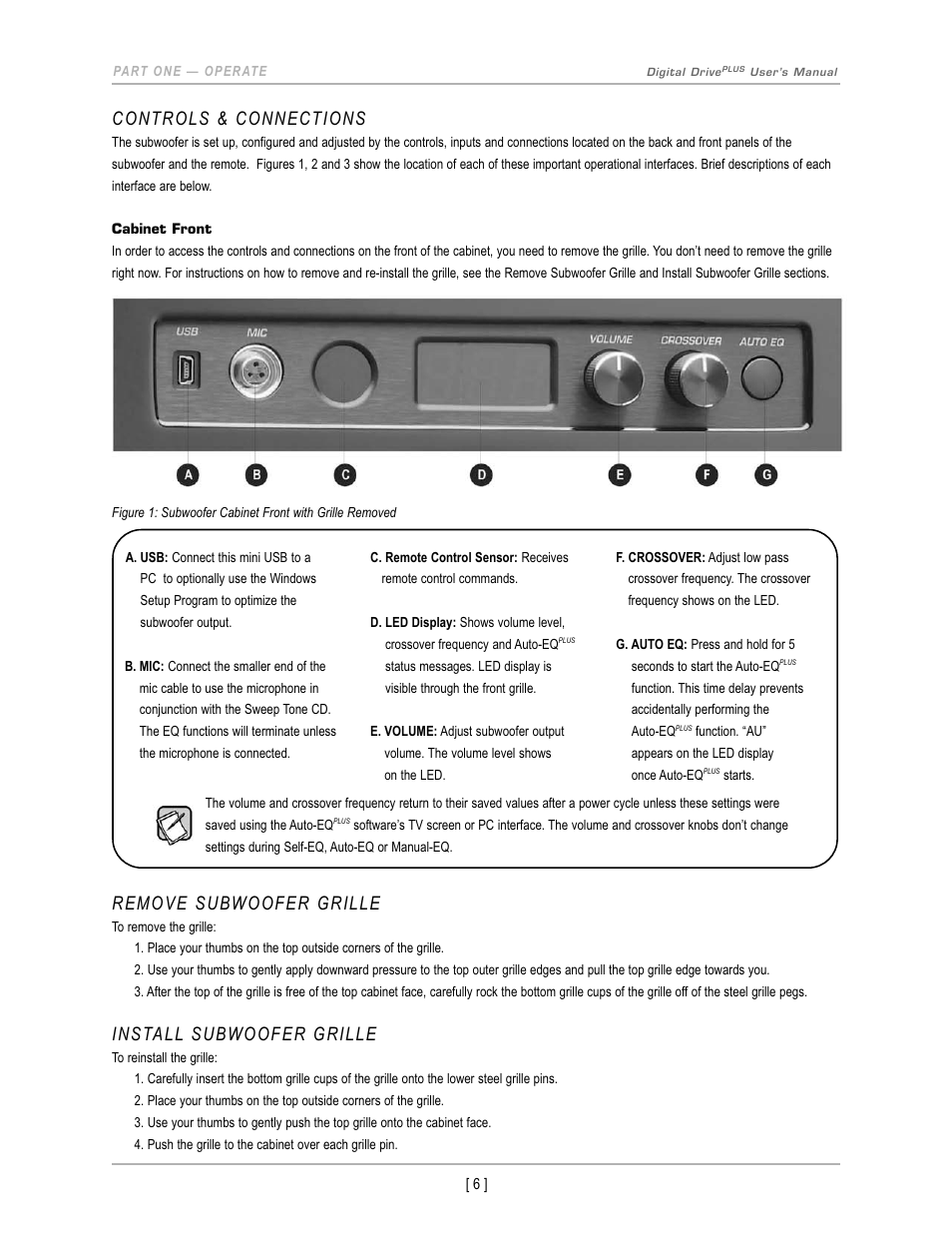 Controls & connections, Remove subwoofer grille, Install subwoofer grille | Velodyne Digital DrivePLUSSeries User Manual | Page 9 / 42