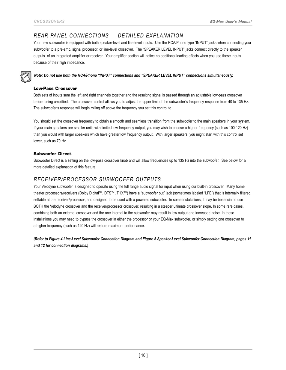 Rear panel connections — detailed explanation, Receiver/processor subwoofer outputs | Velodyne EQ-Max Series User Manual | Page 13 / 24