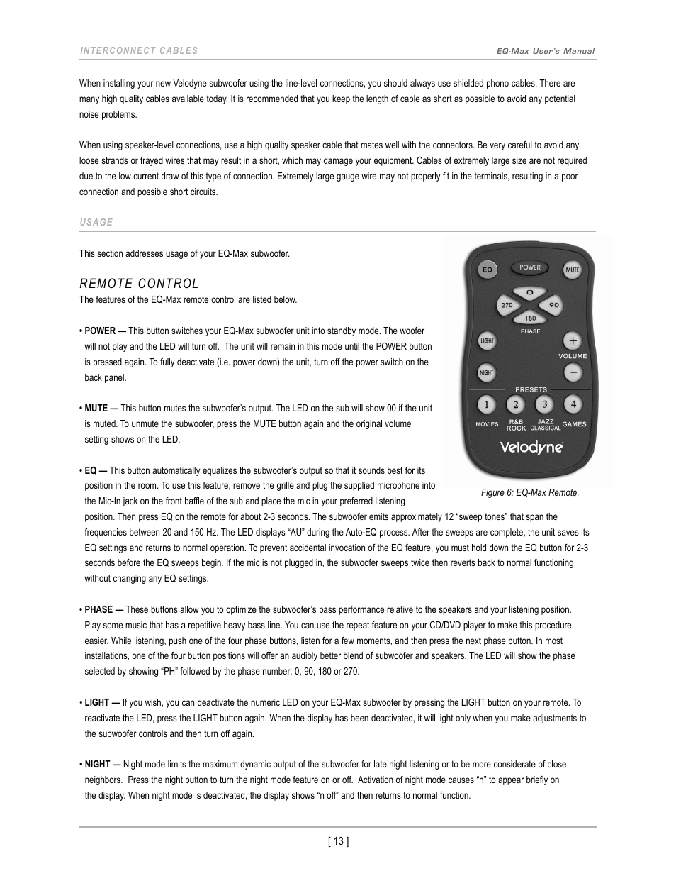 Remote control | Velodyne EQ-Max Series User Manual | Page 16 / 24