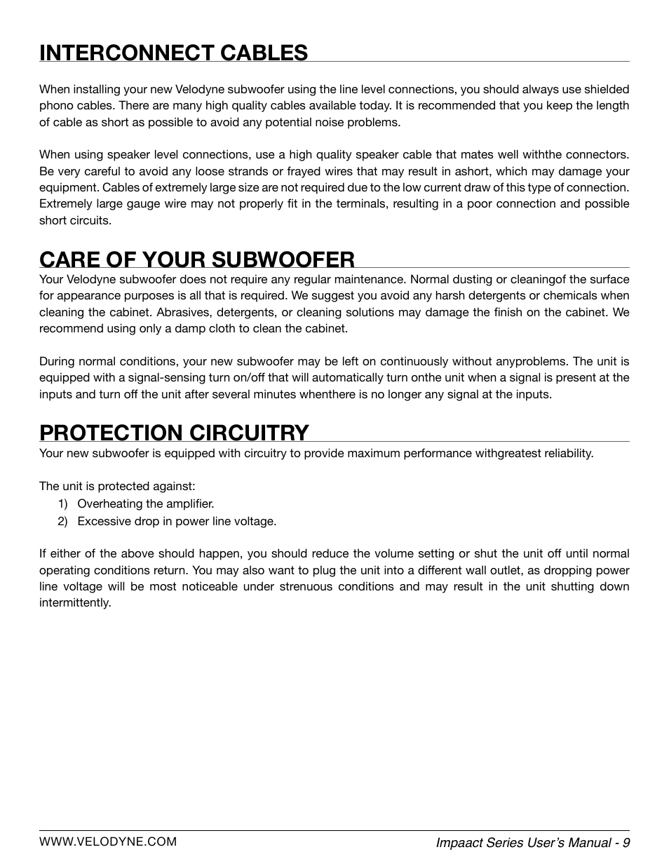 Interconnect cables, Care of your subwoofer, Protection circuitry | Velodyne Impact Series User Manual | Page 15 / 20