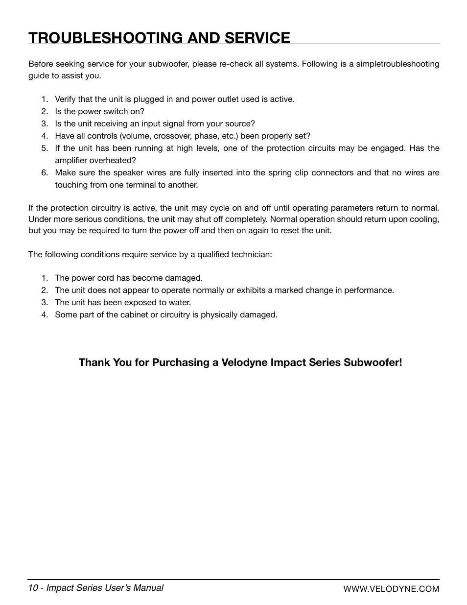 Troubleshooting and service | Velodyne Impact Series User Manual | Page 16 / 20