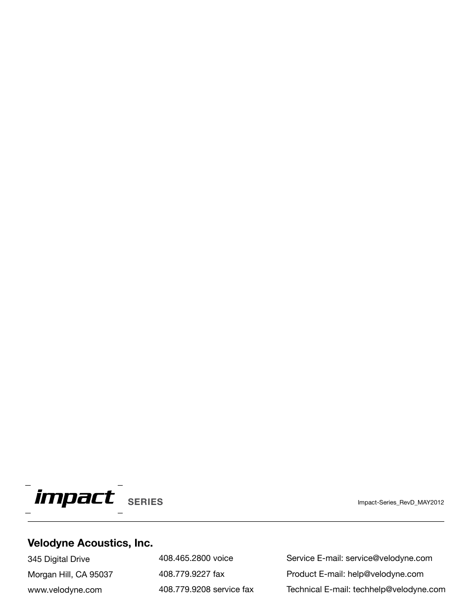 Velodyne acoustics, inc | Velodyne Impact Series User Manual | Page 20 / 20