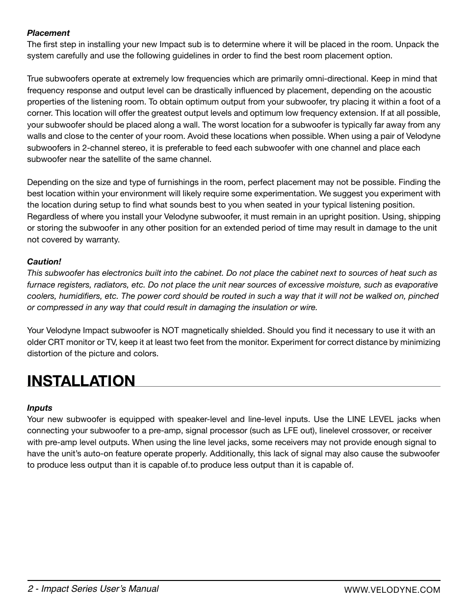 Installation | Velodyne Impact Series User Manual | Page 8 / 20