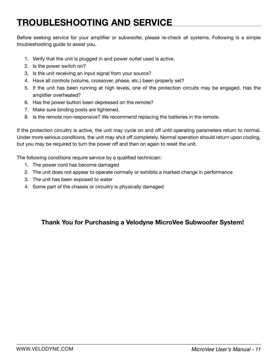 Troubleshooting and service | Velodyne MicroVee User Manual | Page 17 / 24