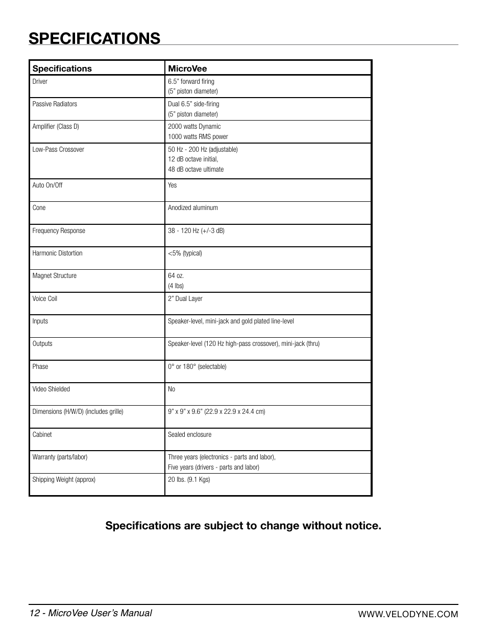 Specifications | Velodyne MicroVee User Manual | Page 18 / 24