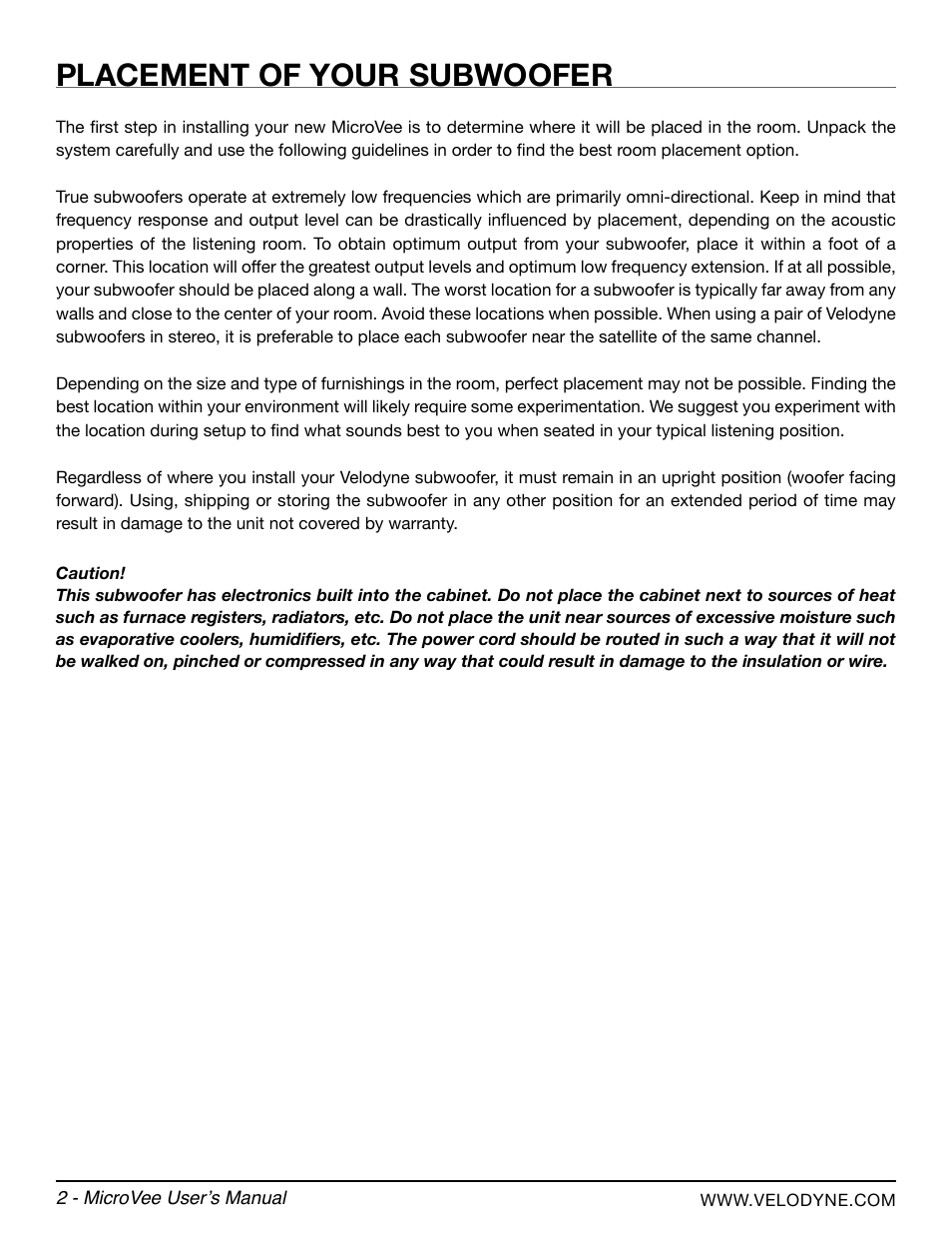 Placement of your subwoofer | Velodyne MicroVee User Manual | Page 8 / 24