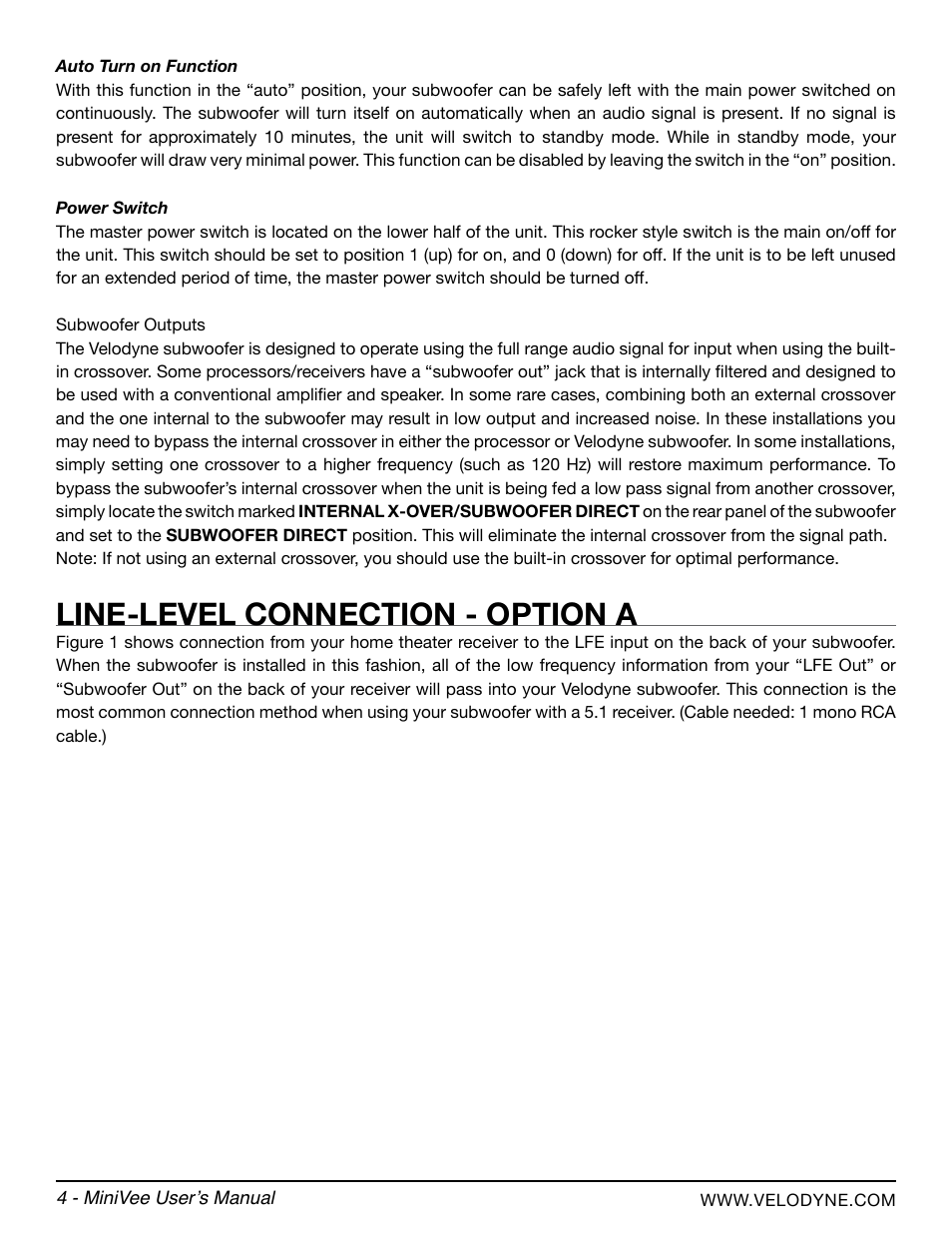 Line-level connection - option a | Velodyne MiniVee Series User Manual | Page 10 / 20