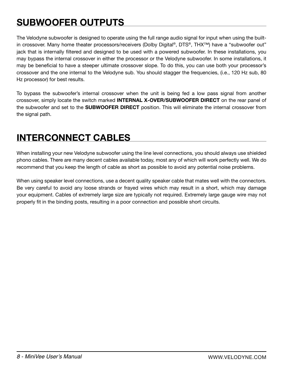 Subwoofer outputs, Interconnect cables | Velodyne MiniVee Series User Manual | Page 14 / 20