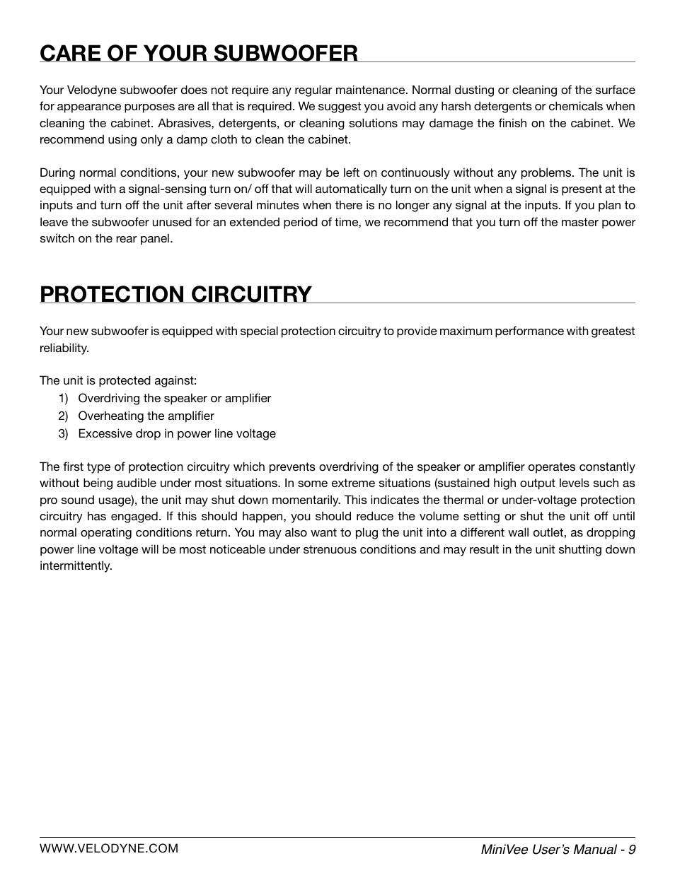 Care of your subwoofer, Protection circuitry | Velodyne MiniVee Series User Manual | Page 15 / 20