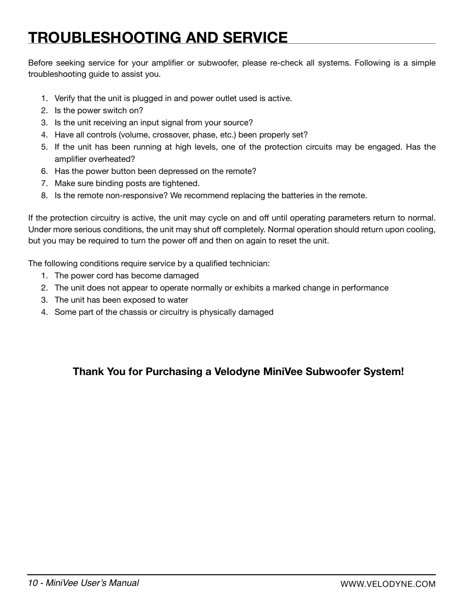 Troubleshooting and service | Velodyne MiniVee Series User Manual | Page 16 / 20