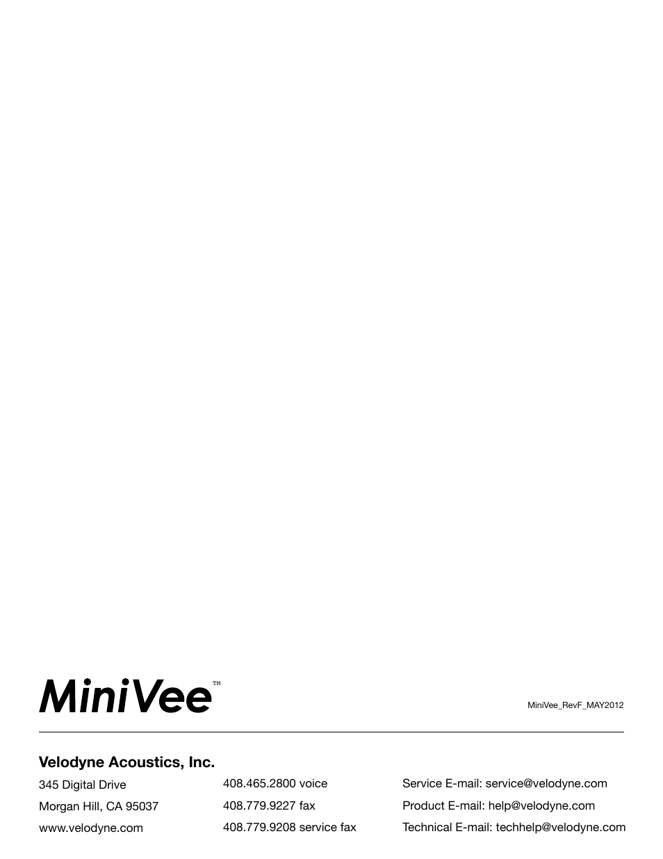 Velodyne acoustics, inc | Velodyne MiniVee Series User Manual | Page 20 / 20