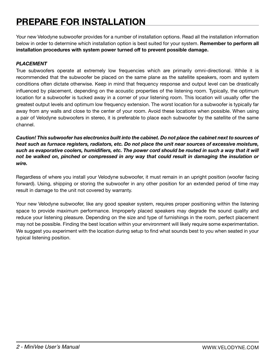 Prepare for installation | Velodyne MiniVee Series User Manual | Page 8 / 20