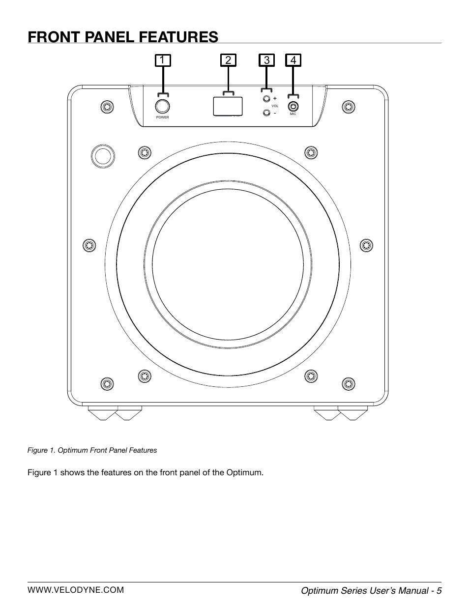 Front panel features | Velodyne Optimum Series User Manual | Page 11 / 28