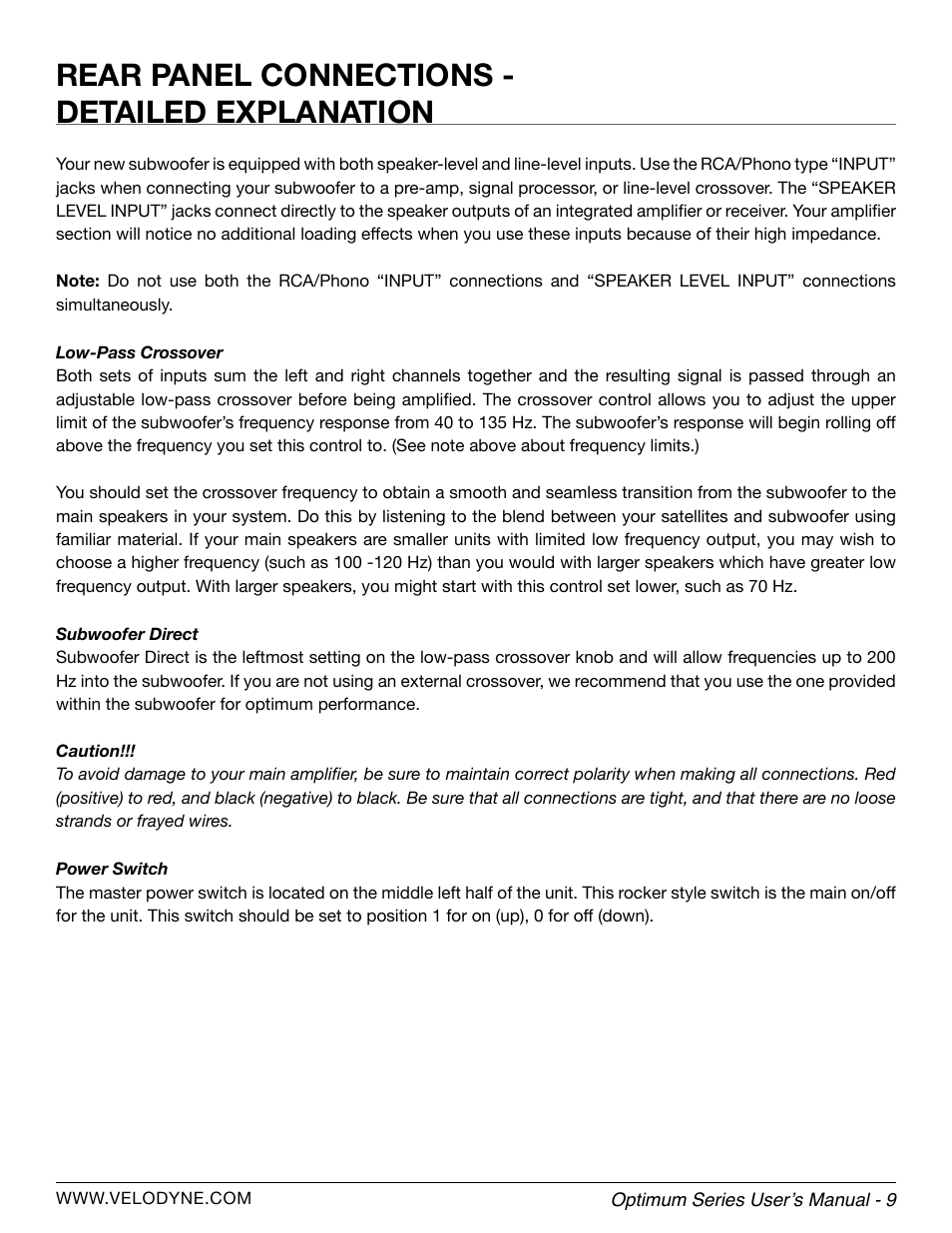 Rear panel connections - detailed explanation | Velodyne Optimum Series User Manual | Page 15 / 28