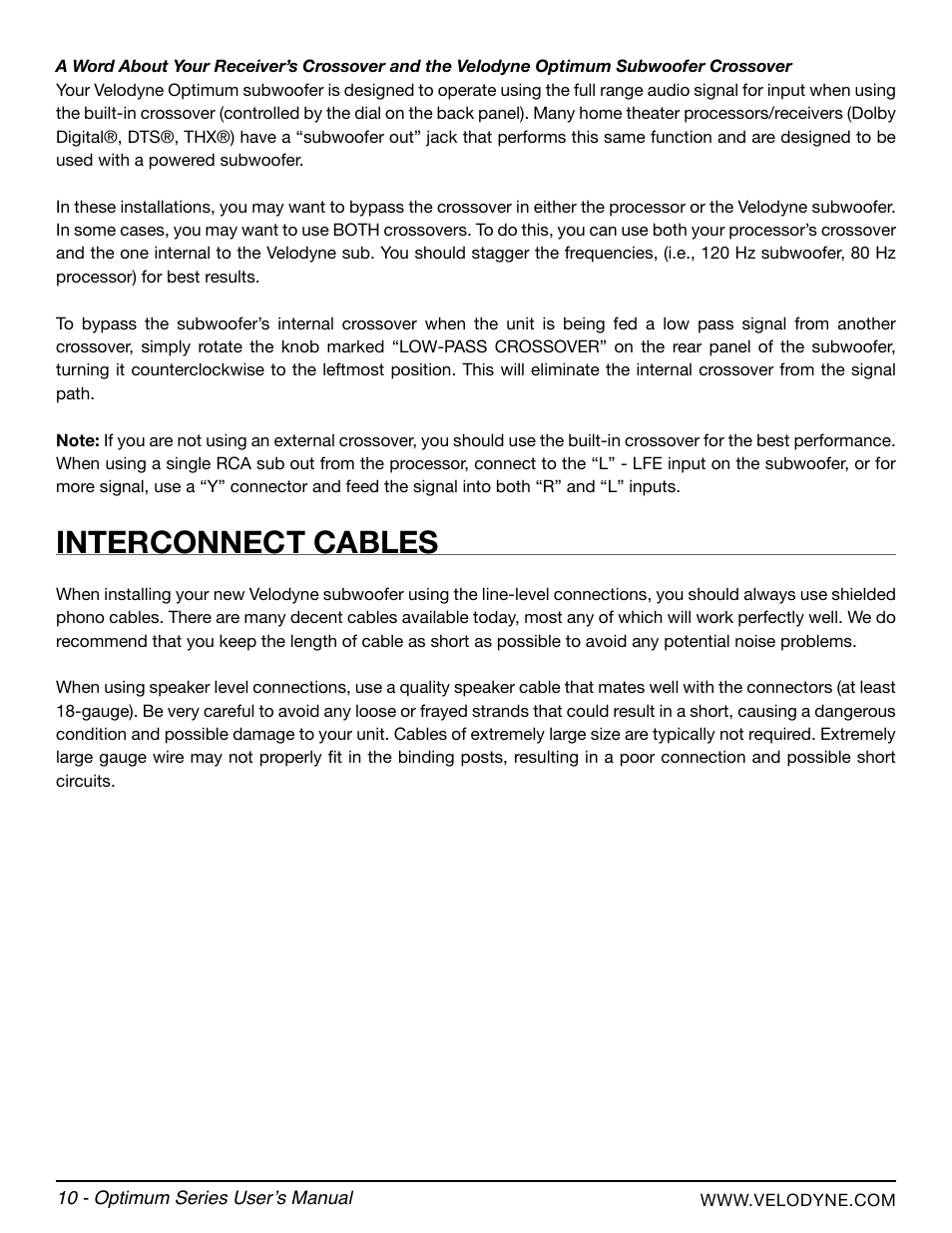 Interconnect cables | Velodyne Optimum Series User Manual | Page 16 / 28