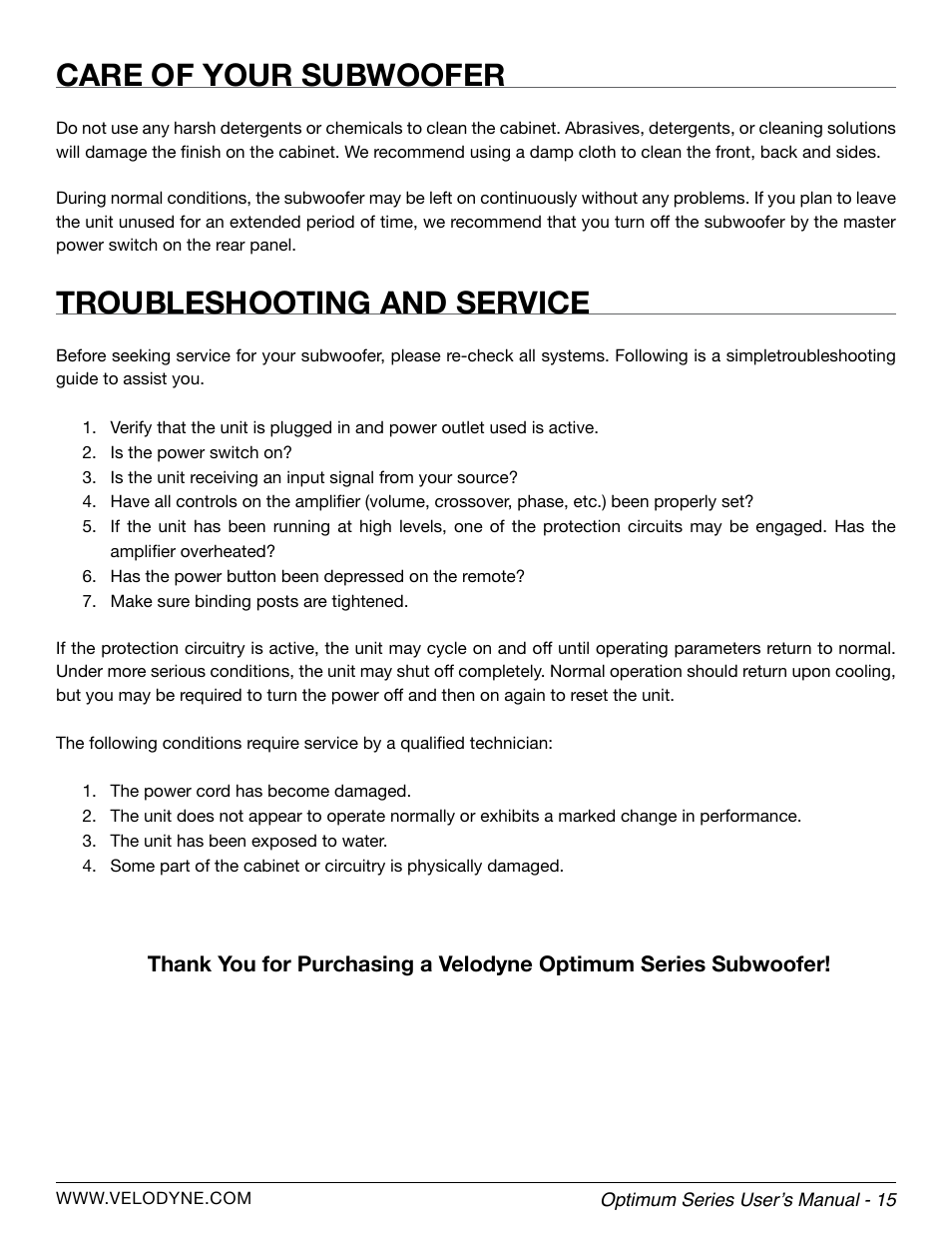 Care of your subwoofer, Troubleshooting and service | Velodyne Optimum Series User Manual | Page 21 / 28