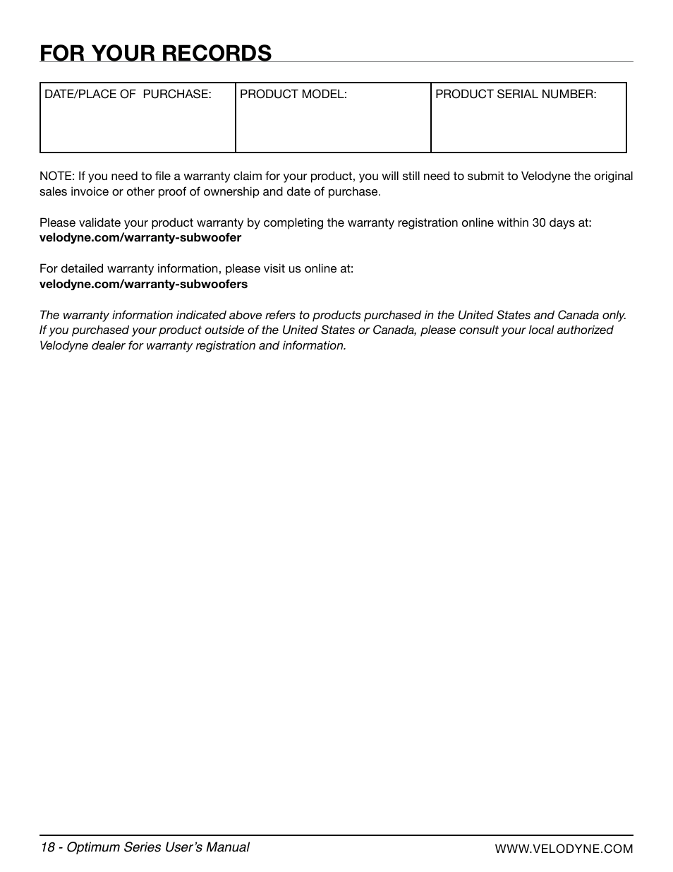 For your records | Velodyne Optimum Series User Manual | Page 24 / 28