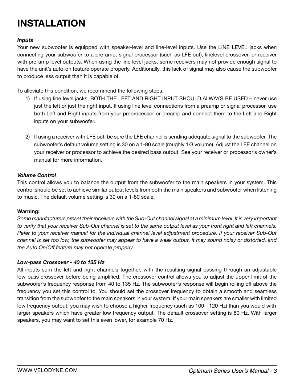 Installation | Velodyne Optimum Series User Manual | Page 9 / 28