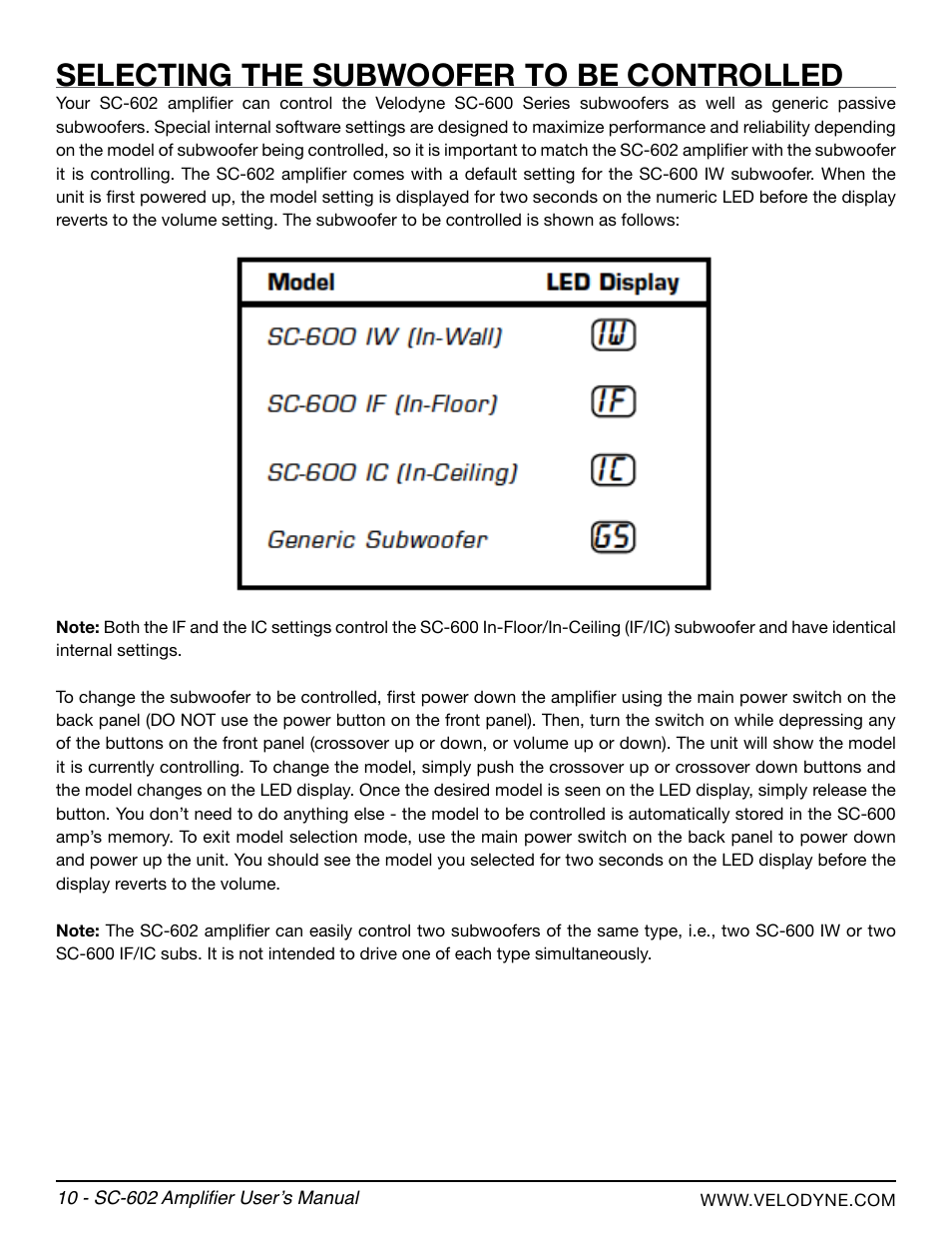 Selecting the subwoofer to be controlled | Velodyne SC-602 Amplifier User Manual | Page 16 / 27